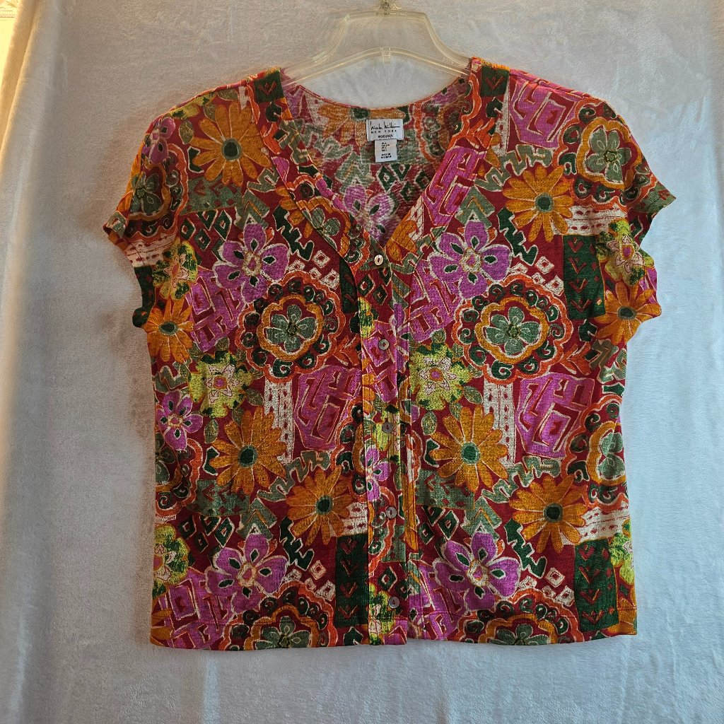 Nicole Miller Women 100% Linen Top Multicolor Floral Cap Sleeve Size L Casual